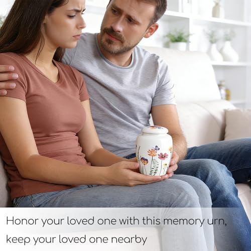 Small Keepsake Sharing Urn – Ceramic Cremation Urn for Human or Pet Ashes – Hand-drawn Flowers Small Memorial Urn with Precious gift box for Families Flower