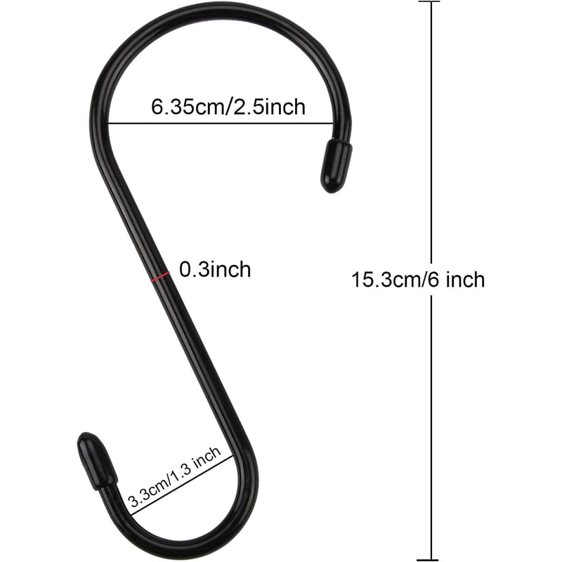 [Australia - AusPower] - 24 Pack 6 Inch S Hook, Large Vinyl Coated S Hooks with Rubber Stopper Non Slip Heavy Duty S Hook, Steel Metal Black Rubber Coated Closet S Hooks for Hanging Jeans Plants Jewelry Pot Pan Cups Towels 6 in 24 pack 