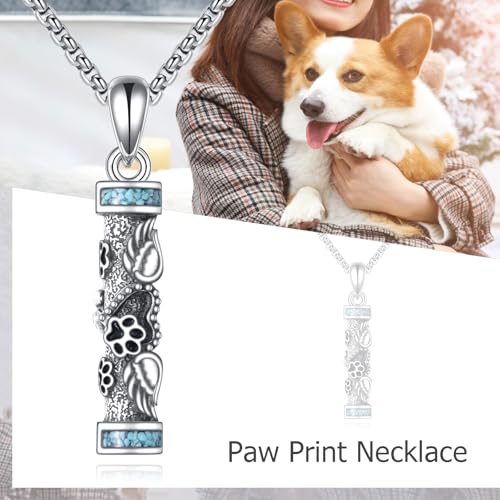 Urn Necklaces for Ashes Sterling Silver Cylinder Memorial Pendant for Loved Ones Keepsake Cremation Jewelry Gifts for Women Men Paw Print