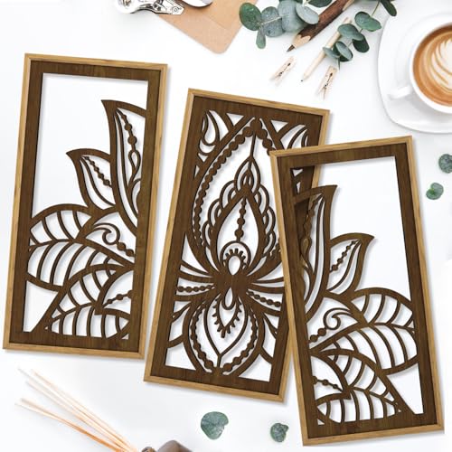 HPNIUB 3PCS Lotus Flower Wall Decor, Mandala Carved Wood Sign for Yoga Room, Spiritual Meditation Wooden Hanging Plaque Home Decor for Living Room Office Bathroom Decoration(8x16Inch) Mandala Flower Wooden Wall Art
