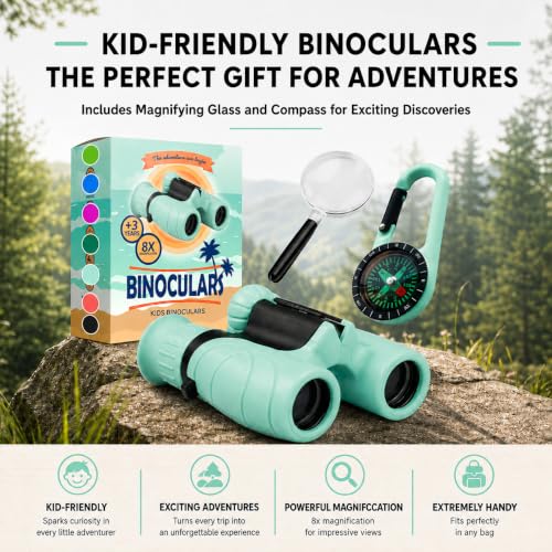 Binoculars for Kids – Perfect Toy for Little Boys and Girls – Extensive Set Incl. Magnifying Glass & Compass – Powerful Magnification 8X21 – 3 to 12 Year Old Kids for Toddler Mint Green