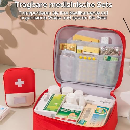 Pack of 4 Portable Medicine Bag, Large Capacity Medical Emergency Bag, Travel Pharmacy Bag, Waterproof, Medication Bag for Home Office Travel (Red)