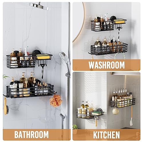 LEVERLOC Shower Caddy Suction Cup, 2 Pack Shower Shelves for Inside Shower with Hooks & Soap Holder, NO-Drilling Bathroom Shower Organizer, Rustproof Meatl Shower Holder Storage, Black 1 Medium & 1 Large