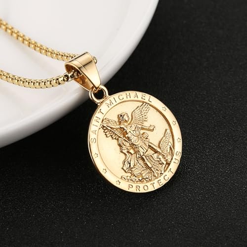 AsAlways St Michael Pendant for Men, with 22"+2" Rolo Chain Gold