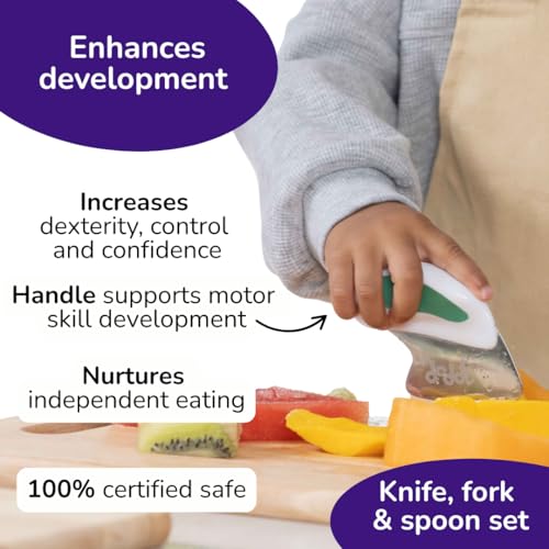 doddl Toddler Utensils, Ergonomic Fork Spoon and Knife Set for Self Feeding, Stainless Steel Silverware for 1-3 Year Olds, BPA Free, Dishwasher Safe (Aqua) Aqua