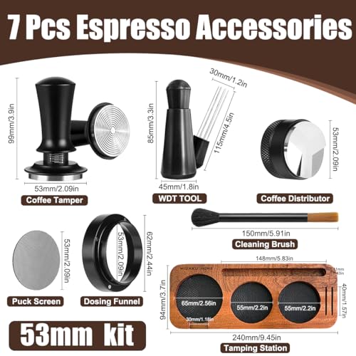 7 PCS Espresso Accessories Kit, Espresso Tamping Station, Coffee Tamper, Coffee Distributor, WDT Tool, Puck Screen, Dosing Funnel, Cleaning Brush, Barista Tools Set (53mm) 53mm