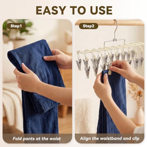 Pants Hangers with Clips, 2 Pack, 40 Clips, Space Saving Closet Organizer Warm Beige