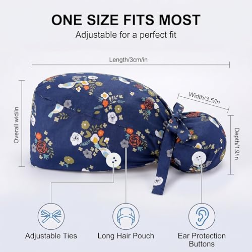 Women's surgical cap with buttons for long hair, adjustable cotton work cap, breathable surgical cap, doctor's cap for hospital, clinic, laboratory, one size