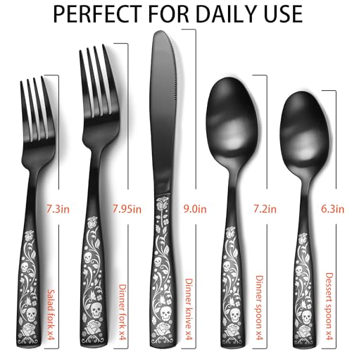 20-Piece Matte Black Silverware Set for 4, Skull Rose Cultery Set 18/0 Stain Finish Stainless Steel, Gothic Skeleton Pattern Decorative Flatware Set, Daily Halloween Party Event Serving For 4 20PCS