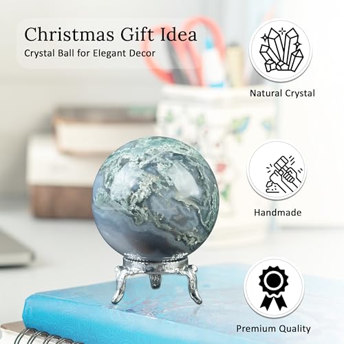 Crocon 45mm Moss Agate Stone Sphere Ball with Metal Stand Crystals Ball Moss Agate Sphere