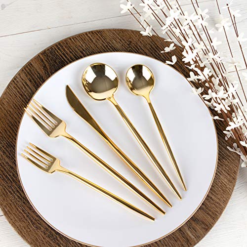 PlasticPRO luxury gold disposable flatware set with 16 place settings, includes knives, forks, and spoons in an 80-piece combo.