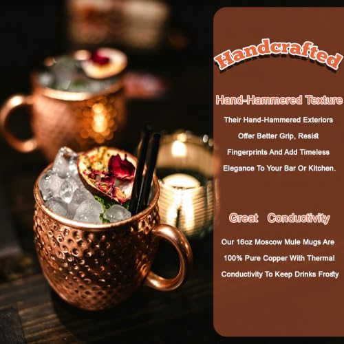 TINSKY Moscow Mule Mugs with Handles 16oz 4 Set Pure Copper Cups for Drinking Hammered Copper Glasses, Welded Handles 4 Straws for Cocktails, Beer, Cold Drinks, Party, Gift Giving