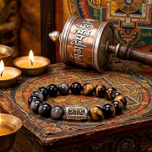 Mens 10mm Natural Tiger Eye & Silver Obsidian Bracelet - Tibetan OM Six-Character Mantra & Vajra Amulet - Healing Crystal Energy Meditation Bead Bracelet with Durable Elastic Cord, 7.9"