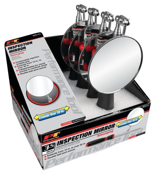 [Australia - AusPower] - Performance Tool 3-1/2" Jumbo Inspection Mirror - W9141 Round Inspection Mirror |Extends: 11-3/8 to 30" 