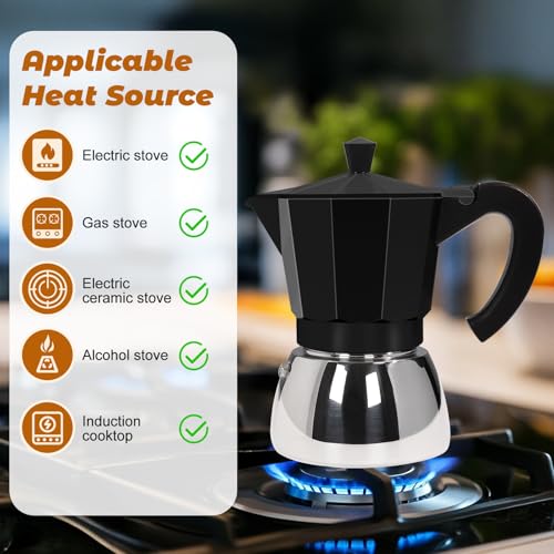 No Coating 4 Cup Aluminum and Stainless Steel Moka Pot Stovetop Black 4 Cup 220ml