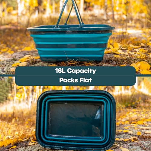 Adventure Ready 16L collapsible portable sink with flatware for hiking, camping, and travel, shown in compact, unfolded state.