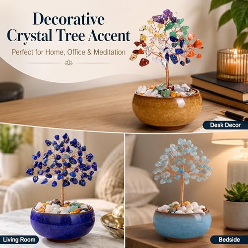 CrystalTears Chakra Crystal Tree of Life, 7 Chakra Gemstone Money Tree with Ceramic Bowl, Healing Crystal Energy Crystal Tree for Home Office Desk Decor, Spiritual Birthday Gifts for Women Men
