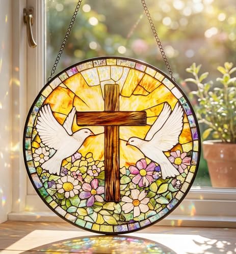 OrbitShell Stained Glass Cross Suncatcher - 8 Inch Peace Dove Window Hanging, Decorative Wall Crosses for Easter, Baptism, First Communion, Christmas, Religious Christian Gifts for Women, Mom, Grandma Cross & Dove