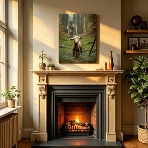 AKTESRACH Jesus Leaves the 99 Sheep Wall Art, Christian Canvas Wall Decor, Jesus and Lamb Religious Painting, Biblical Scripture Wall Art for Living Room, Spiritual Christian Home Decor 12x16in Lost Lamb Jesus 16"L x 12"W