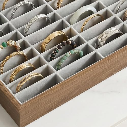 40‑Slot Bracelet Watch Necklace Jewelry Display Storage Box – Velvet Wood Tray Organizer for Bangles, Jade, Stackable for Retail Shows or Personal Use – Black