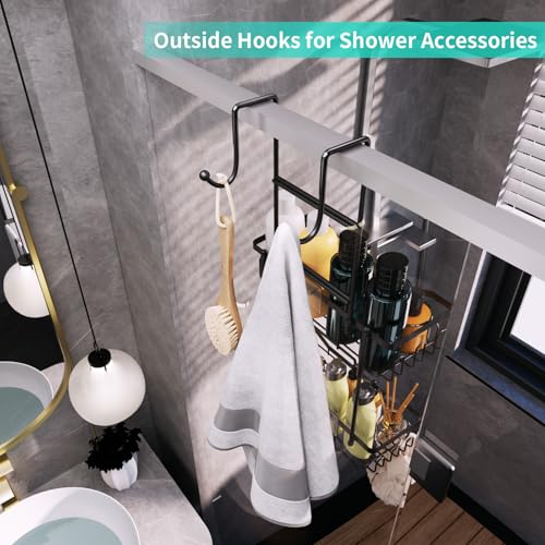 HapiRm Hanging Shower Caddy Over the Door with Soap Holder, No Drilling Adhesive Shower Organizer with 11 Hooks, Rustproof & Waterproof 304 Stainless Steel Bathroom Shelves - Black A-Black 2-tier