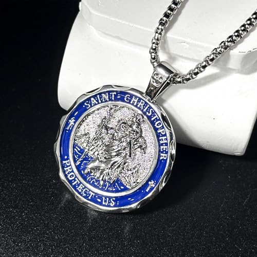 Saint Medal Necklace, Catholic Faith Jewelry, Religious Gift Silver Blue Saint Christopher