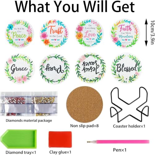 soeonh 8 Pcs Faith Diamond Painting Coasters Kit with Holder