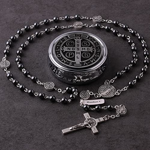 HanlinCC Catholic Rosary St.Benedict Necklace Hematite Beads with Gift Box