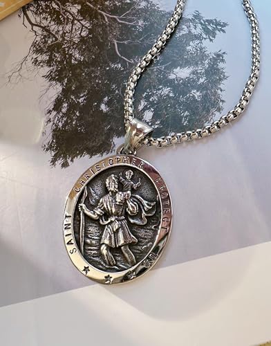 Saint Christopher Necklace Coin Necklace, St Christopher Medal Bless Safety Religious Pendant Necklace for Men Women
