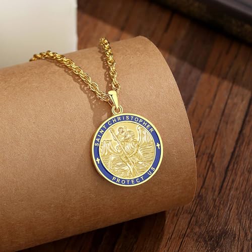 INFUSEU Catholic Religious Pendant Necklaces for Men Women, Saint Michael Christopher Benedict Crucifix Faith Jewelry, 22-24 Inch Chain St Christopher Blue