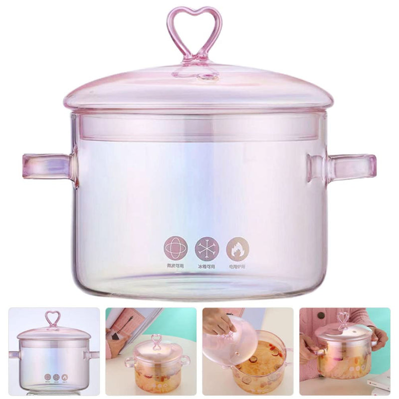 Vaguelly Retro Glass Soup Pot 1.5L Double-Handle Cooking Pot for Stovetop Heat-Resistant Household Stew for Soup Noodles and Seafood Pink 1.5L(1.6Qt)