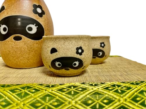Japanese Mino Ware Ceramic Cute Girl Tanuki Raccoon Tokkuri(Sake bottle) & 2 Guinomi(Sake Cups) Made in Japan (Tanuki girl) Tanuki girl