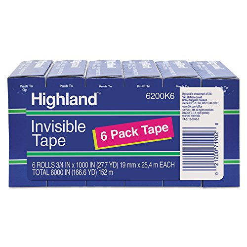 Highland 6200K6 Invisible Permanent Mending Tape, 3/4-Inch x 1000-Inch, 1-Inch Core, Clear, 6/Pack