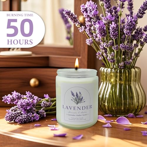 Lavender Amber Scented Candles with Crystals Inside, 9oz Soy Candles for Home Decor, Birthday Spiritual Gift Mothers Day Candle for Women Mom Lavender Amber