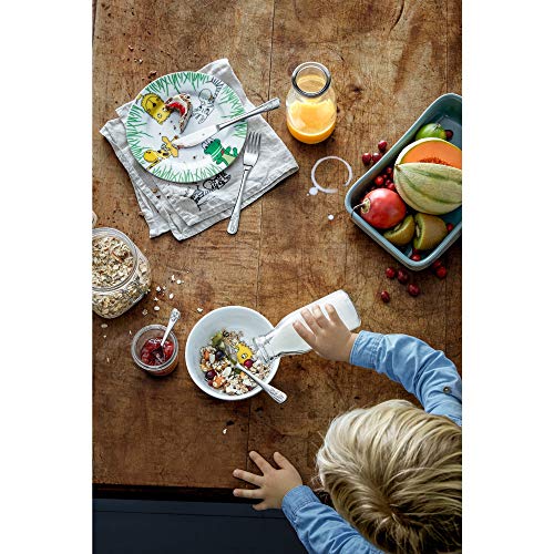WMF Safari children's flatware set with four stainless steel pieces, including fork, knife, spoon, and teaspoon for kids.