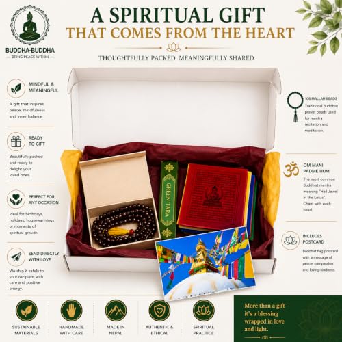 Buddha-Buddha Spiritual Buddhist Gift Set, 108 Prayer Mala Beads in Lokta Box, Green Tara Incense, Tibetan Prayer Flags, Meditation