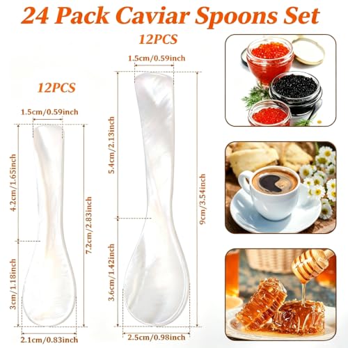 24Pcs Mother of Pearl Caviar Spoons Set, 12 Large 3.54in + 12 Small 2.83in 2.83 & 3.54 Inches 24