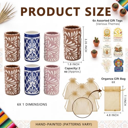 6 Pcs Talavera Tequila Shot Glasses, 2 oz Ceramic Mexican Gift 6brown6