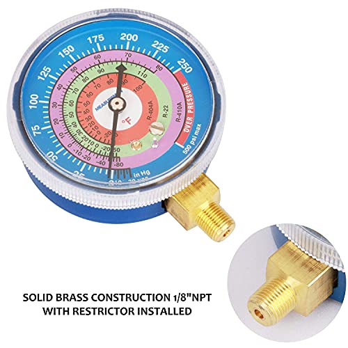 MEASUREMAN refrigeration pressure gauge kit with blue and red 2-3/4-inch dials and 1/8-inch NPT lower mounts