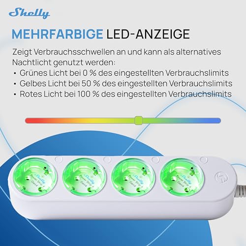 Shelly Power Strip 4 Gen4 White - Matte & WLAN Multiple Socket, 4-Way Smart Power Strip, Power Measurement, 16 A Total, 3500 W, Timer Switch, Zigbee, Google, Alexa, Apple, No Hub Required