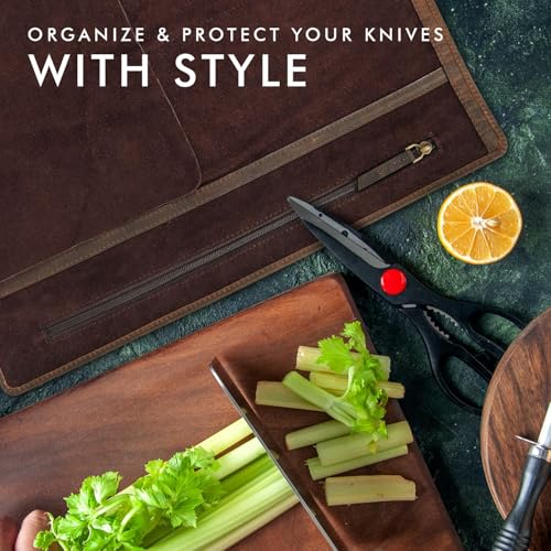 ELIZO Leather Knife Roll Chef Knife Bag Professional Chef Knifes Roll Bag Travel Storage Carrying Case Wrap Holder Sheath Kitchen Carrier Protectors Sleeve Tool Chefs Gift Grizzly