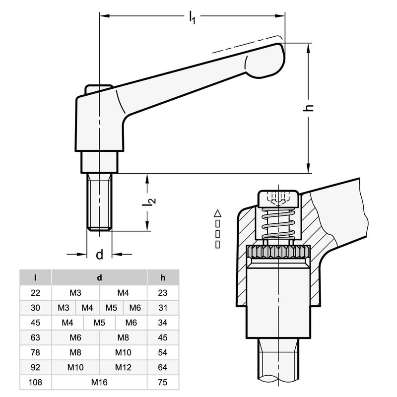 Ganter Standard Elements Adjustable Clamping Handle with Stainless Steel Screws – GN 300.1 Handle Length: 45 mm Screw Thread and Locking Screw In Stainless Steel | Die-Cast Zinc Handle Black Plastic Coated | 1 piece), black, GN 300.1-45-M6-25-SW