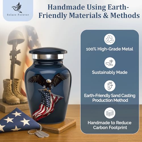 Solace Forever Small Urns for Human Ashes - Patriotic Eagle with US Flag Design - Mini Urn Keepsake Memorial for Men and Women - Handcrafted Remembrance Urn for Ashes (Black, Set of 1) Black