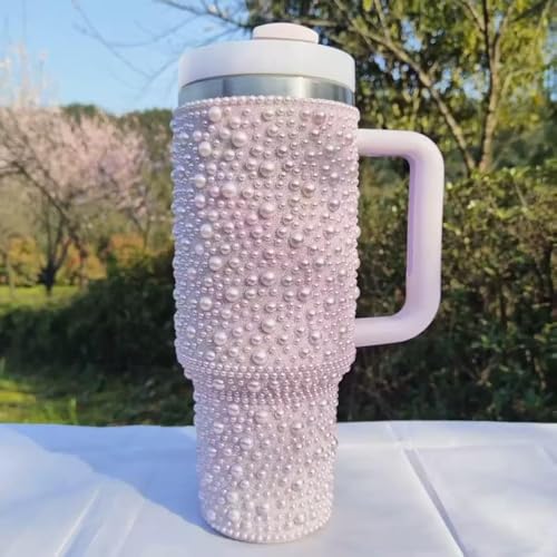 Pearls Bling 40 oz Tumbler with Handle and Straw | Rhinestones 100% Leakproof Stainless Steel Insulated Tumbler with Lid and Straw | Cup Holder Friendly Base -Purple Purple