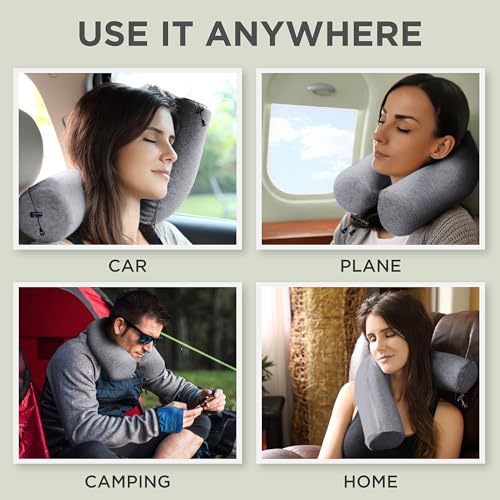 Dot&Dot Twist Memory Foam Travel Pillow for Airplanes - Travel Neck Pillow for Sleeping - Airplane Pillow for Neck Support, Chin, Lumbar and Leg - Adjustable, Bendable Neck Roll Pillow - Gray Ash Adjust (26" w/ cord)