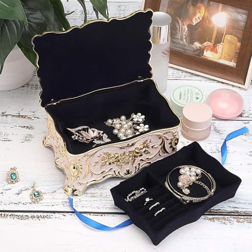 Hipiwe Vintage Metal Jewelry Box - Two Layer Large Trinket Organizer, Beige