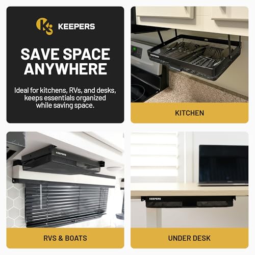 KEEPERS Anything Keeper — Compact 11x10in Under-Cabinet Slide-Out Drawer, Hidden Steel Organizer for K-Cups & Desk Items, RV & Small Kitchen — Black Large - Anything Keeper