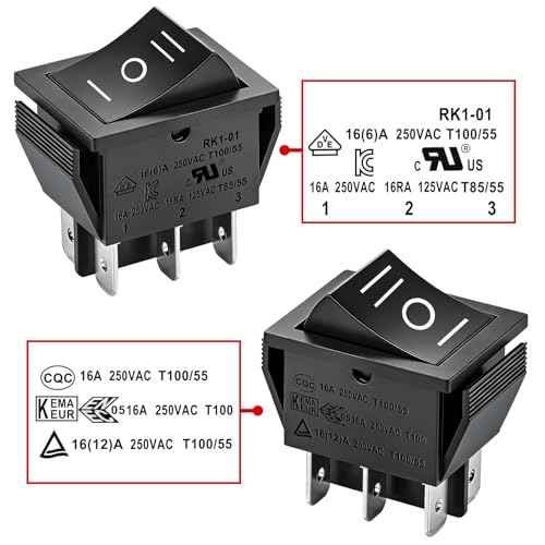 Heschen Rocker Switch ON-OFF-ON Switch DPDT 6 Terminals 16 A 250 Vac Black Pack of 2