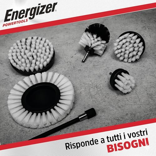 Energizer 6-Piece Drill Brush Attachment Set - Power Scrubber Cleaning Kit with 6" Extension Rod - Multi-Purpose Scrub Brushes for Bathroom, Shower, Tile, Grout & Car Cleaning, White