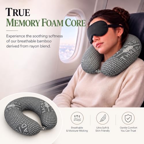 Sacred Thread grey bamboo rayon travel neck pillow with contoured design for neck support and comfort during travel.